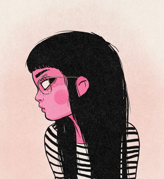 Girl in glasses and a striped shirt in profile, by Helena Garcia