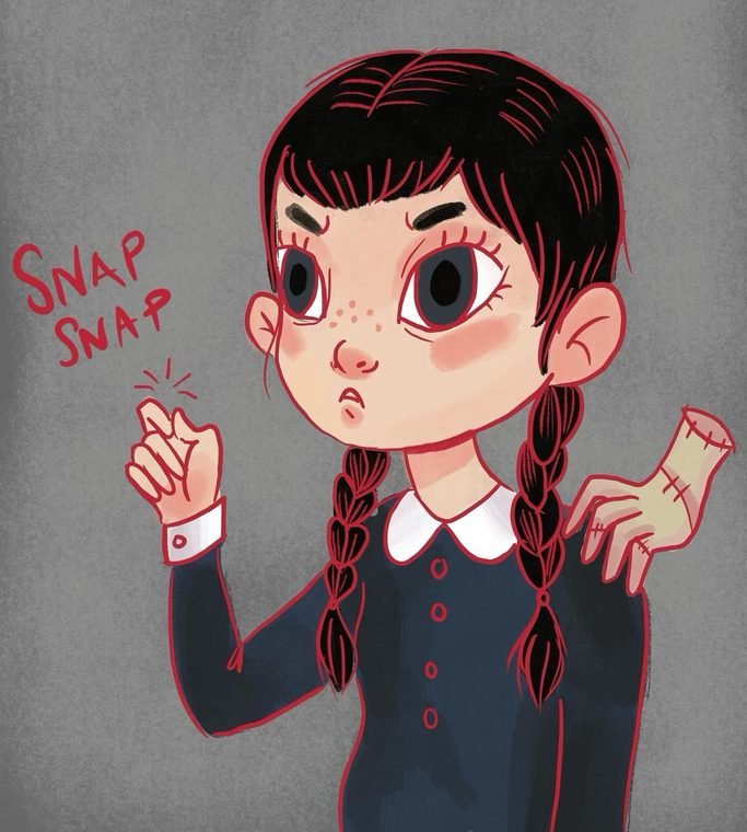 Wednesday Addams with Thing, fan art by Helena Garcia